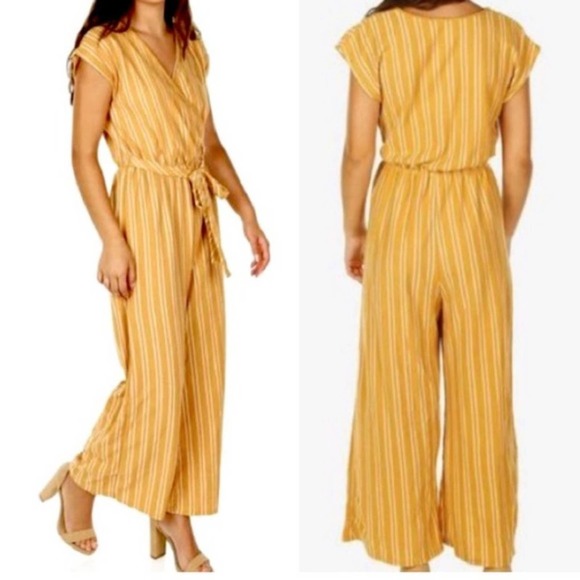 Caution To The Wind Pants - Caution to the Wind Faux Wrap Striped Jumpsuit
